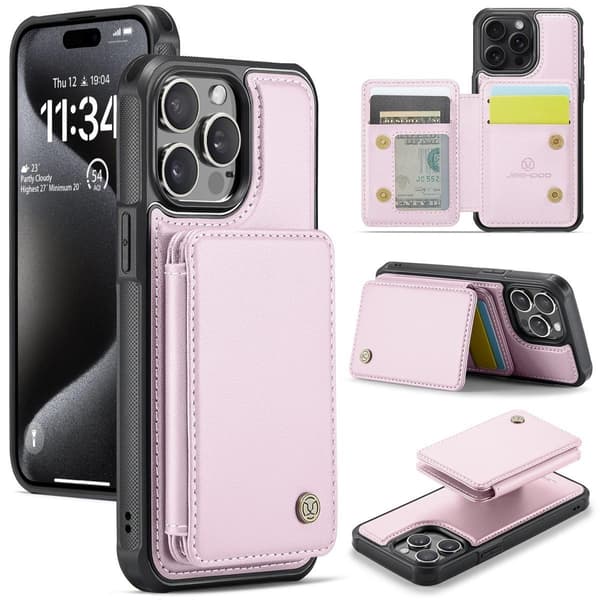 (För iPhone 13 Pro Max) Avtagbart magnetiskt PU-läderfodral med RFID-blockering och kickstand rosa