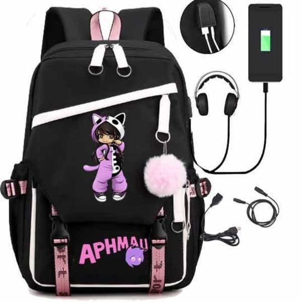 Aphmau reppu lasten reput reppu USB-liitännällä 1kpl musta 2