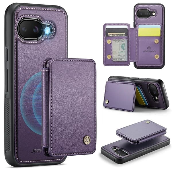 (Til Pixel 9A) 2 i 1 pung etui med 4 kortpladser og stativfunktion RFID-beskyttelse sort