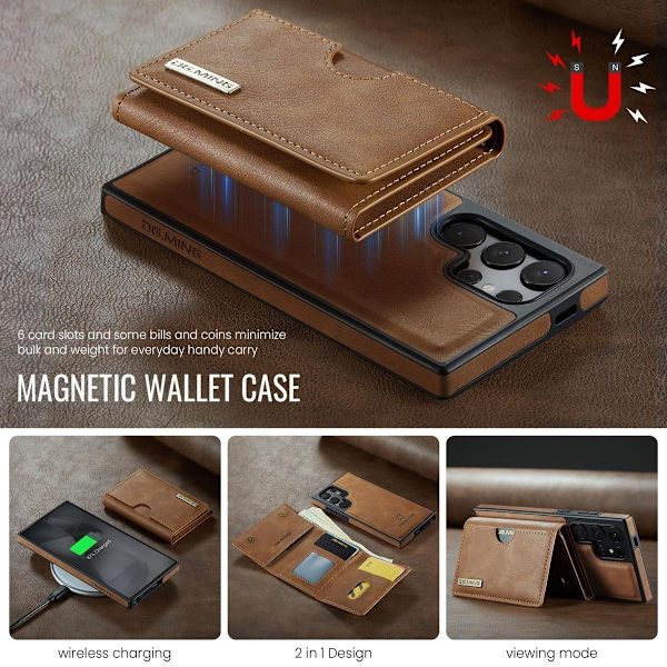 (For iPhone 15 Pro Max) DG.MING M6-serien Leather Case: RFID-blo kaffe