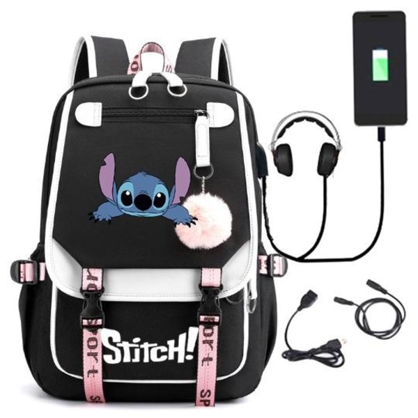 stitch ryggsäck barn ryggsäckar ryggväska med USB uttag 1st svart 2