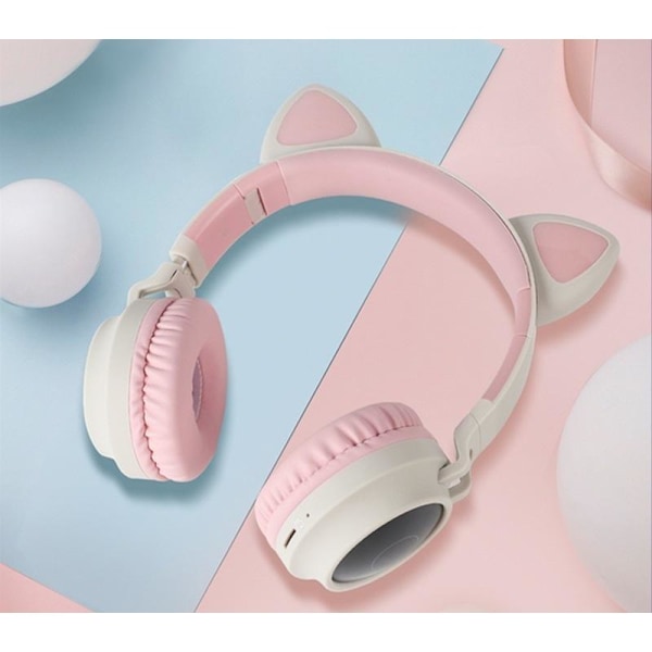 kattöron trådlösa hörlurar bluetooth led lights rosa