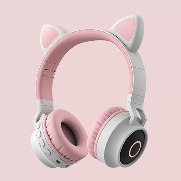 kattöron trådlösa hörlurar bluetooth led lights rosa