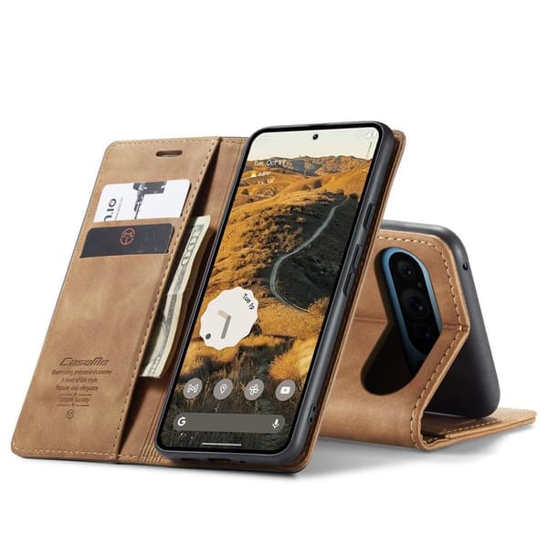 (Til Pixel 9A) Retro læderpung telefoncover med kortlommer og stativ sort