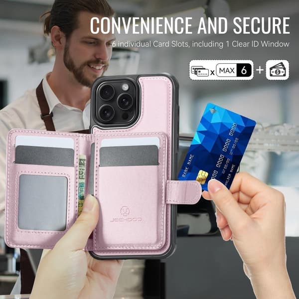 (Til iPhone 12/12 Pro) Magnetisk tegnebogs etui til telefon med støttefod og 6 kortpladser, RFID-beskyttelse, PU-læder sort