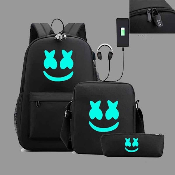 Marshmello ryggsäck barn pennskrin axelremsväskor pack med USB u svart
