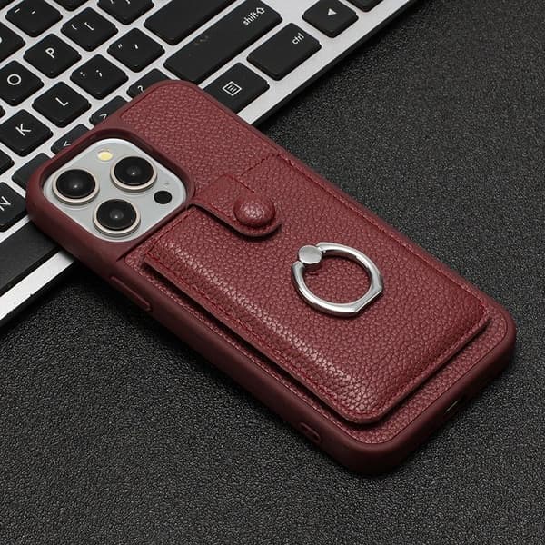 (För iPhone 15 Pro MAX) Lychee-textur dragkorts mobilfodral med Vinskick