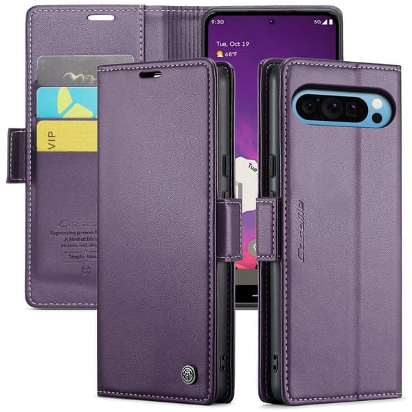 (Til Pixel 10 Pro XL) Læderpung etui med kortlommer og magnetisk lukning sort