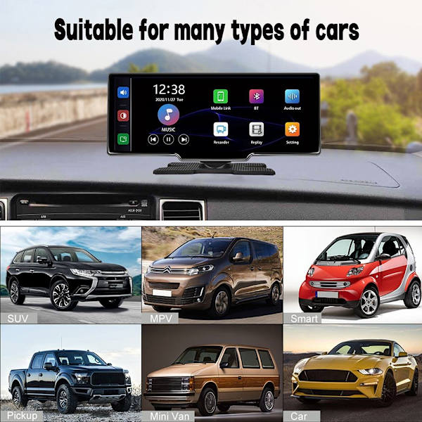 10,26 tum dashcam touchskärm med trådlös android auto / carplay med 128G minneskort