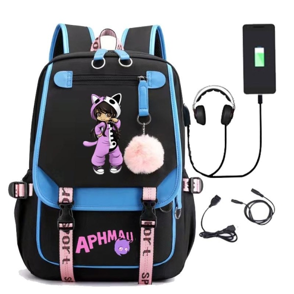 Aphmau rygsæk børne rygsække rygsæk med USB stik 1 stk blå