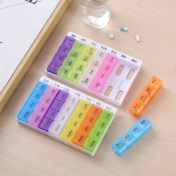 tablett dosett pillerburk medicin låda piller behållare 28 fack Engelsk text