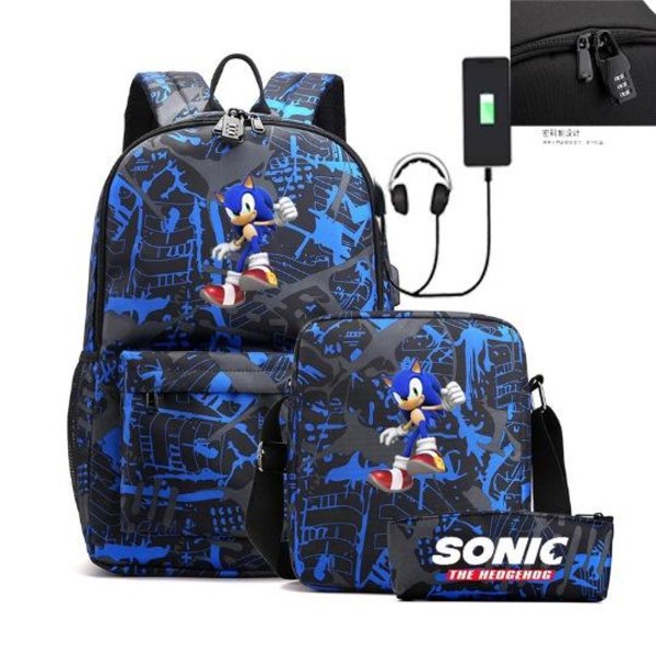 Sonic rygsæk penalhus skulderrem tasker pakke (3 stk) sort/blå