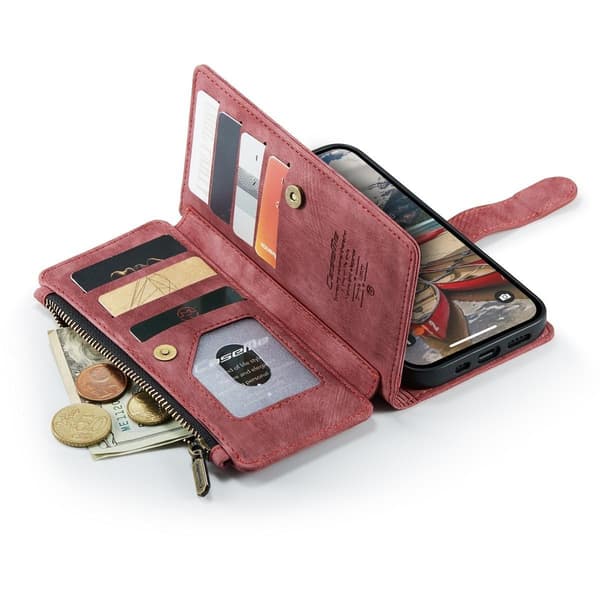 (Til iPhone 14 Pro) Retro læderpung etui med 5 kortpladser, stativ og håndledsrem sort