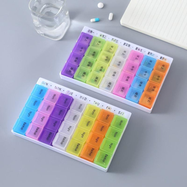 tablettdose pilleglass medisinboks pillebeholder 28 rom engelsk tekst