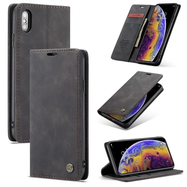(Til iPhone 14 Plus) CaseMe retro læder pung etui med stativ og kortlommer sort