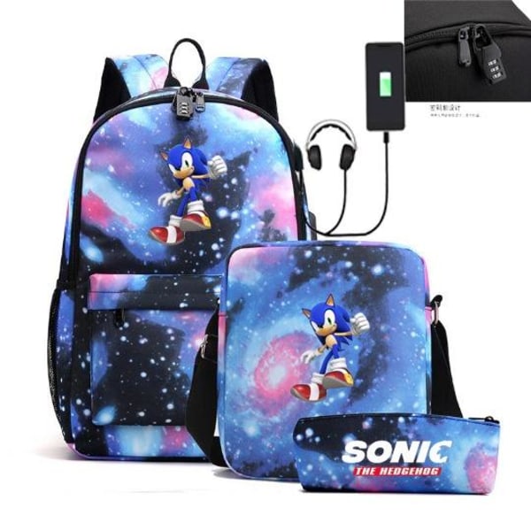 Sonic rygsæk penalhus skulderrem tasker pakke (3 stk) stjerne blå