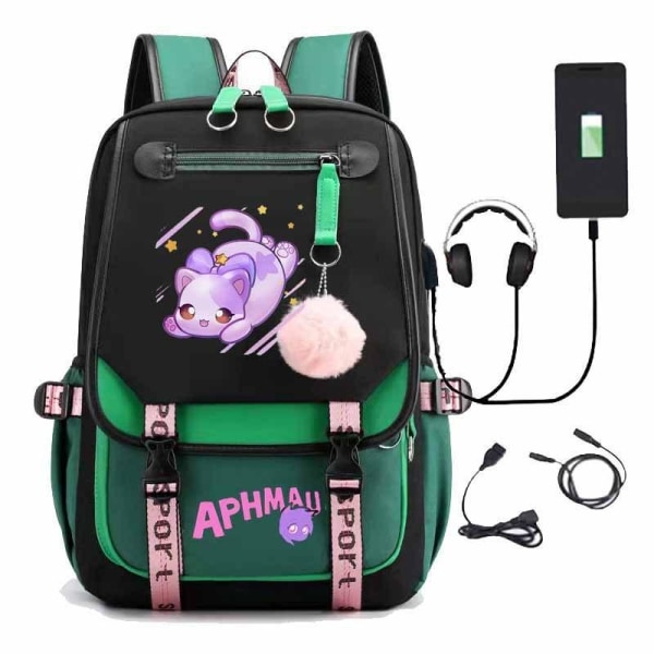 Aphmau ryggsäck barn ryggsäckar ryggväska med USB uttag 1st grön