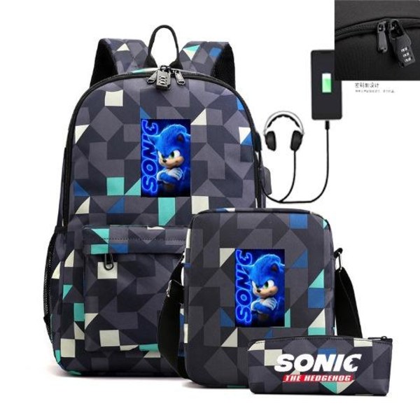 Sonic rygsæk penalhus skulderrem tasker pakke (3 stk) rombe blå 1