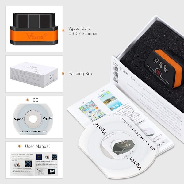Vgate ICar2 Bluetooth bilfejldetektor med 8 farveskærm - Scan o sort orange