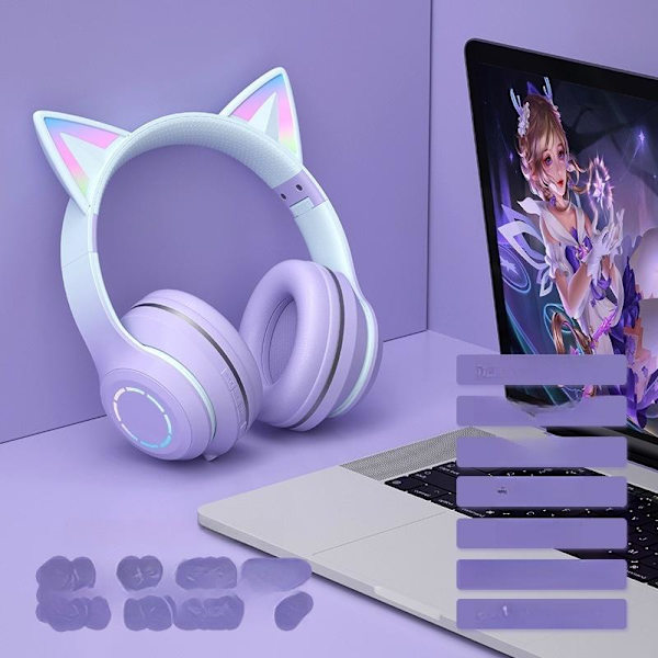 kattöron headset sladdlösa katt bluetooth hörlurar lila