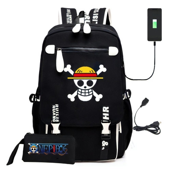 One Piece ryggsäck barn ryggsäckar ryggväska med USB uttag 1st svart 2