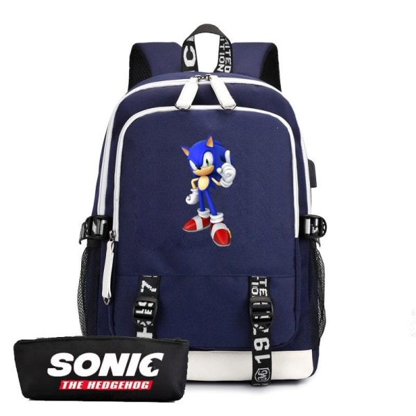 sonic rygsæk børn rygsække rygsæk med USB stik 1 stk blå + penalhus 2
