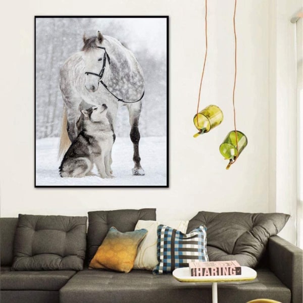 Diamond painting 5D DIY diamant målning Vit häst och hund 30x40cm