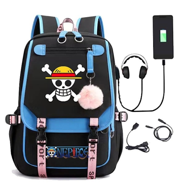 One Piece ryggsekk barneryggsekker ryggsekk med USB-uttak 1stk blå