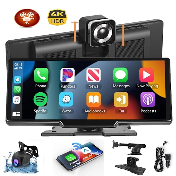 10,26 tum dashcam touchskärm med trådlös android auto / carplay med 128G minneskort