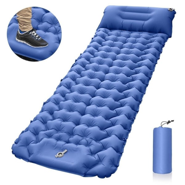 selvoppblåsende madrass fotpumpe enkeltseng med pute 196*68*9cm marineblå