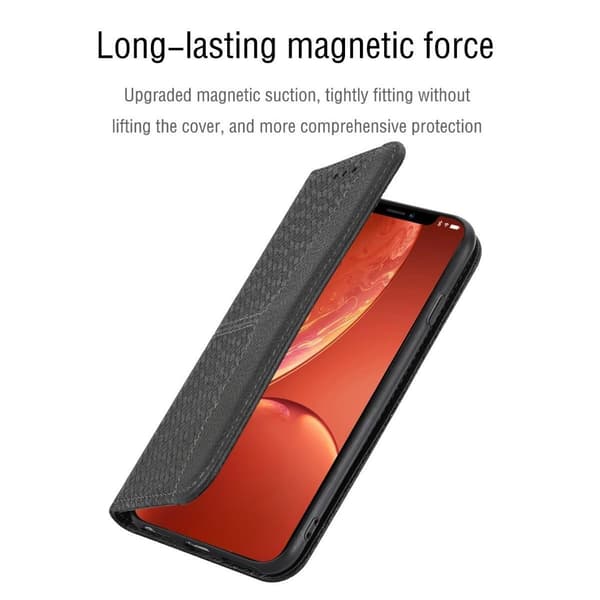 (För iPhone 15) Vävd textur läder plånbok mobilskal med kortfack grå