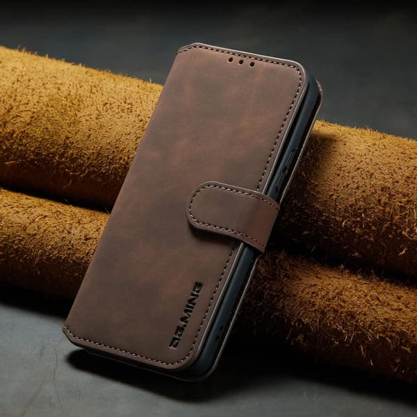 (For Samsung Galaxy A13) DG.MING Vintage Leather Wallet Case - 3 Card Slots, Stand Function, Magnetic Closure & Shockproof Case Kaffe