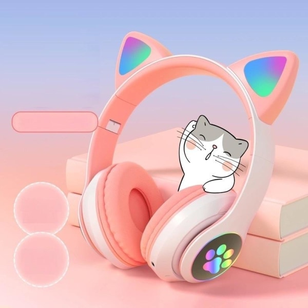 kattöron headset sladdlösa katt bluetooth hörlurar rosa