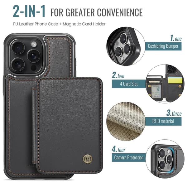 (För iPhone 15 Pro Max) PU läder plånboksfodral med kortfack, ställning och magnetisk stängning brun