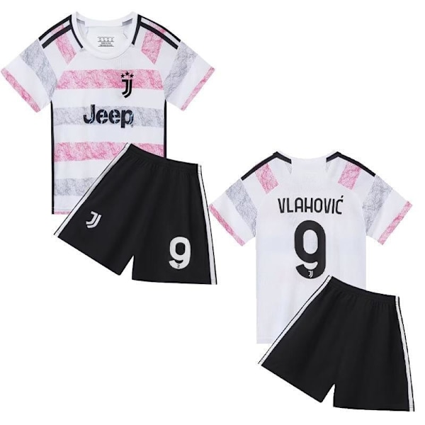Juventus vaaleanpunainen nro 9 Vlahovic jalkapallopaita ja shortsit lapsille ja #22 (130cm)