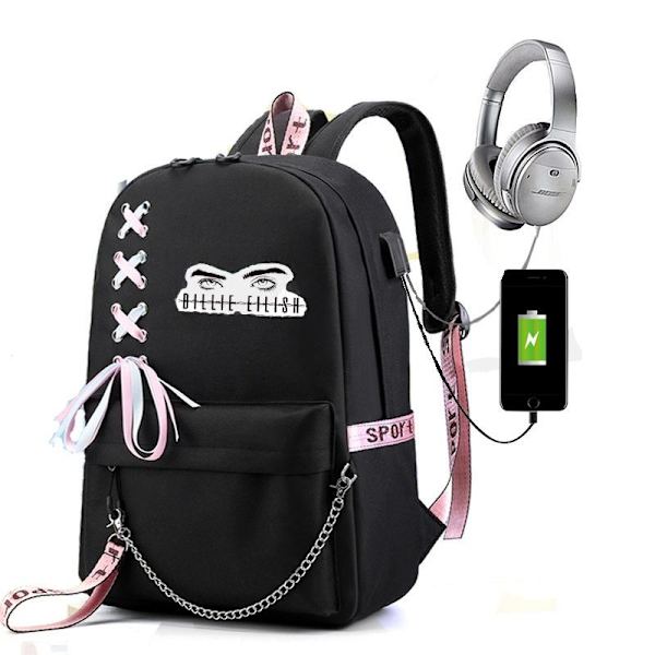 Billie Eilish reppu lasten reput reppu USB-liitännällä 1 musta 1