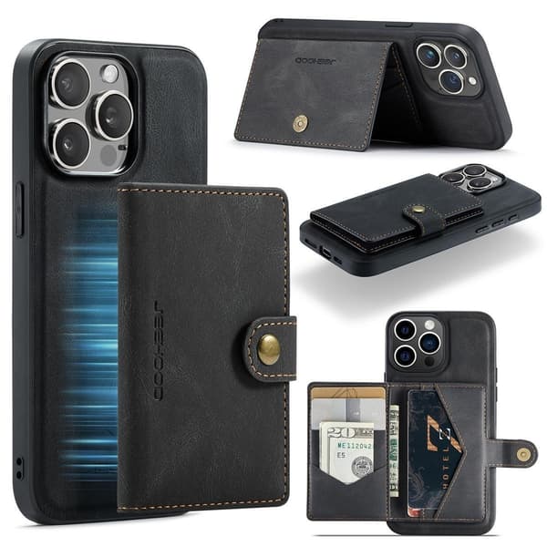 (Til iPhone 15 Pro max) Etui med stativ og pung 360° beskyttelse tyndt design sort