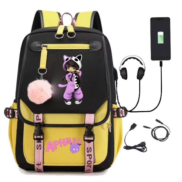 Aphmau ryggsäck barn ryggsäckar ryggväska med USB uttag 1st gul 2