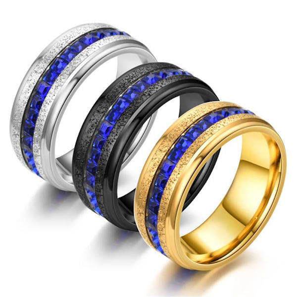 Blå bländande enrads infälld fyrkantig diamantförlovningsring me 8mm guldblå ​​diamant nr 8