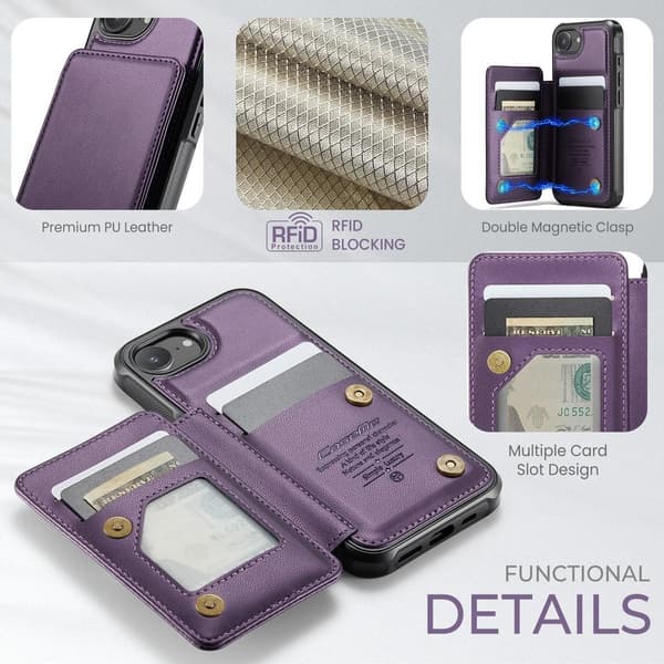 (För iPhone 16E) PU-läder plånboksfodral med RFID-skydd och kortfäste lila