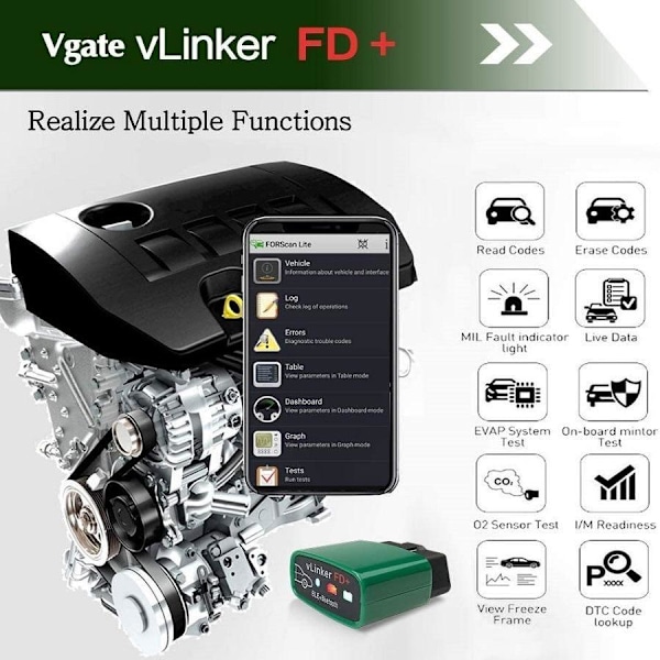 VLinker FD+ BLE 4.0 bildiagnostisk skanner for iOS og Android som på bildet