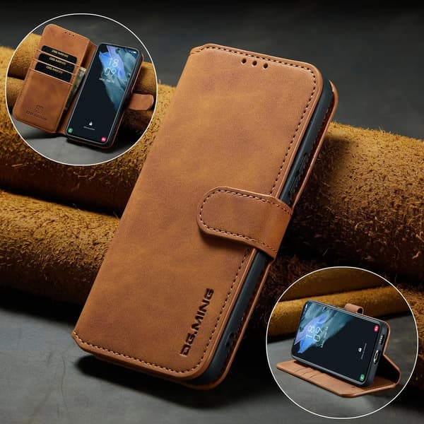 (For Samsung Galaxy S21 5G) DG.MING Premium Leather Wallet Case with Card Slots, Stand Function & Magnetic Closure Rød