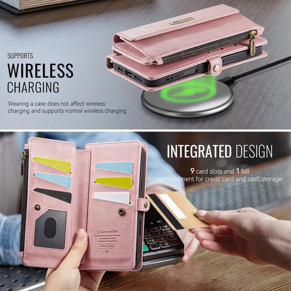 (För Samsung A53) Multifunktionell plånbok i läder med RFID-skydd och ställning som stöder trådlös laddning rosa