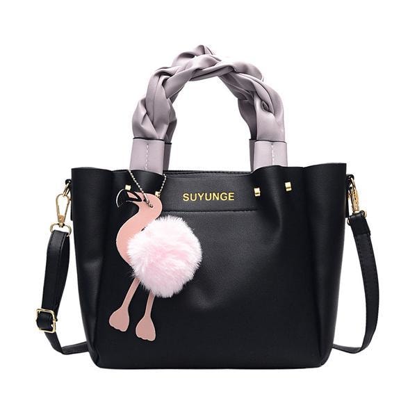 Handväska för kvinnor Axelväska PU läder lyx Flamingo Hairball T Svart