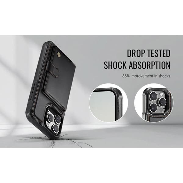 (Til iPhone 16 Plus) Magnetisk pung-etui til telefon med støttefod og 6 kortpladser, RFID-beskyttelse, PU-læder sort