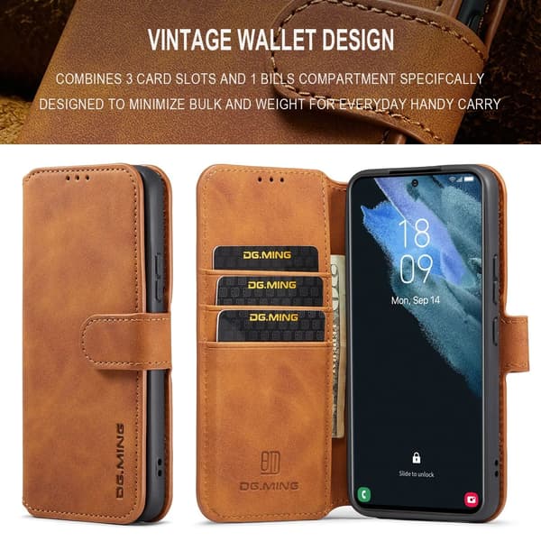 (For Samsung Galaxy S22) DG.MING Premium Leather Wallet Case with Card Slots, Stand Function & Magnetic Closure Blå