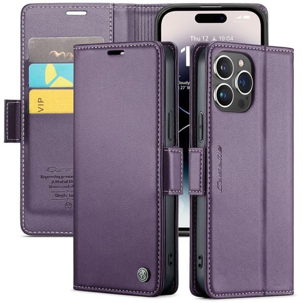 (Til iPhone 13 Pro max) Læderpung etui med kortpladser og magnetisk lukning, slankt og let design sort