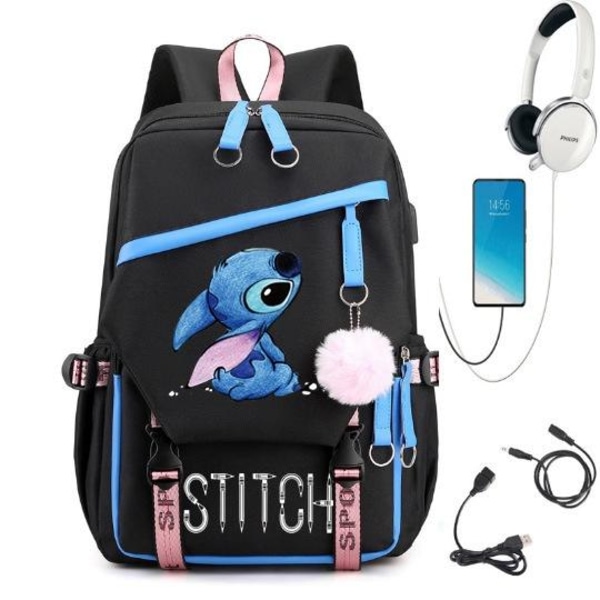 stitch rygsæk børn rygsække rygsæk med USB stik 1stk blå 3