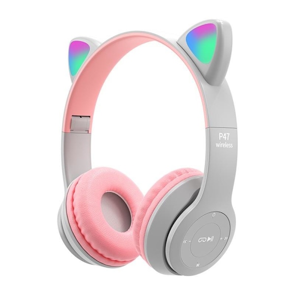 cat ear headphones bluetooth kattöron hörlurar led lights grå/rosa