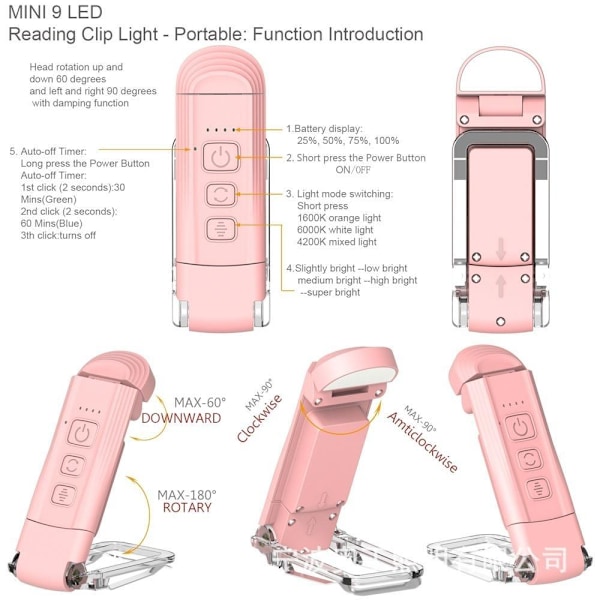 Håndfri leselampe LED for boklesing med klemme USB opplading rosa